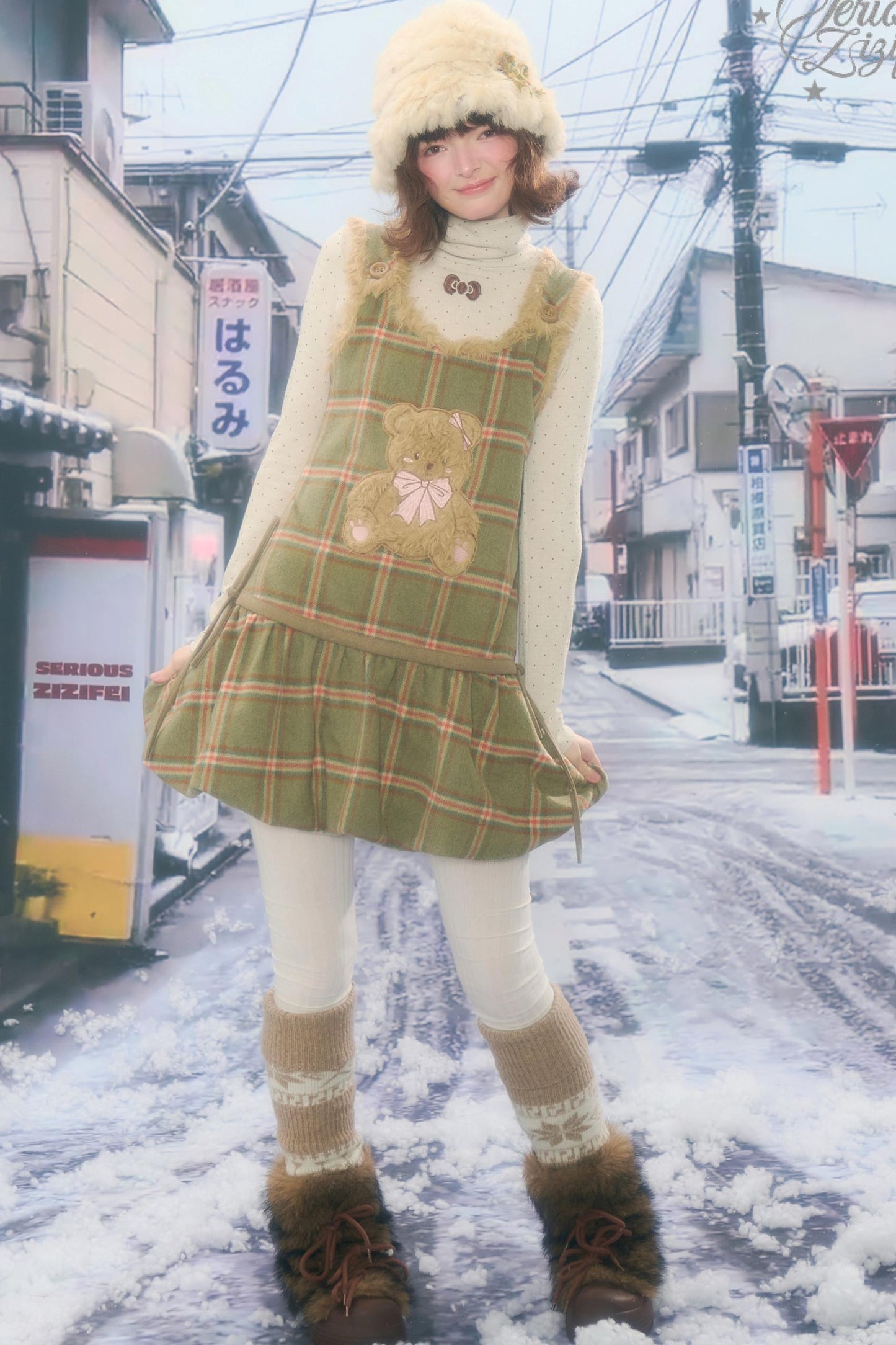 グリーン プレイド テディベスト ドレス