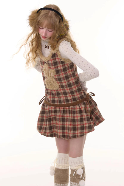 Autumn Reddish-Brown Plaid Rabbit Pocket Vest Dress