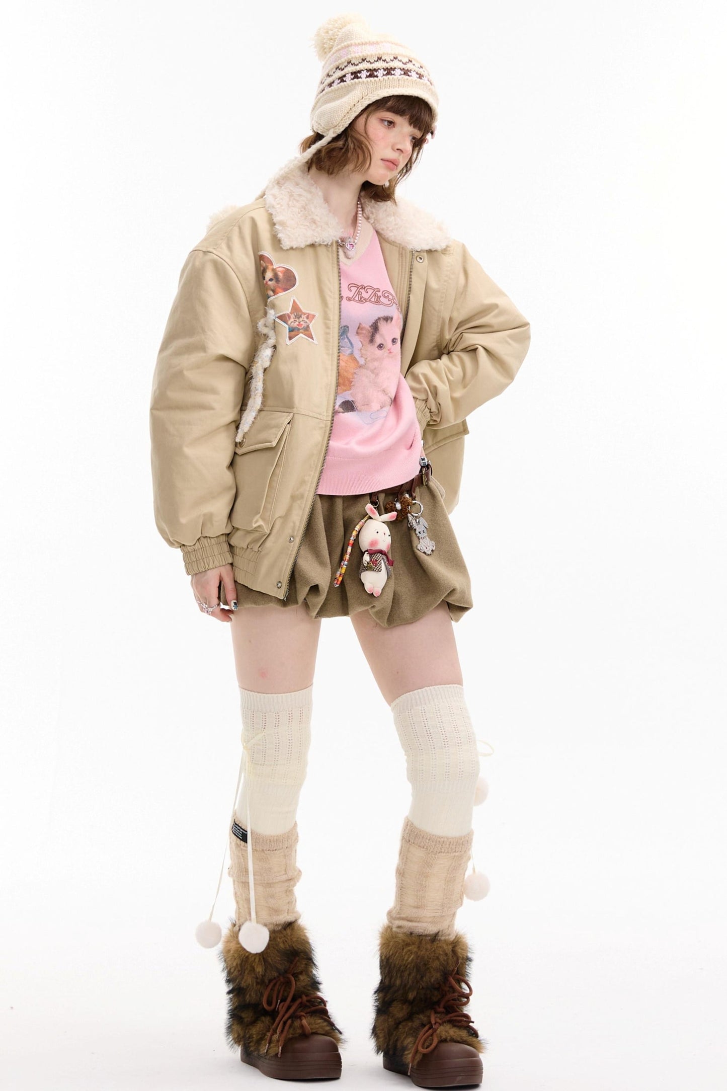 猫咪图案工装风修身棉质夹克