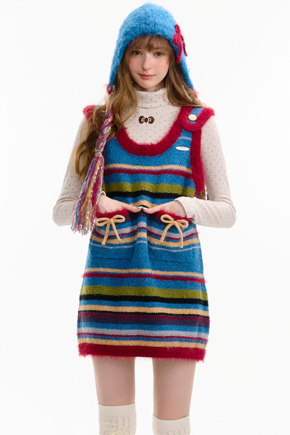 American Retro Striped Bow Knitted Vest Dress