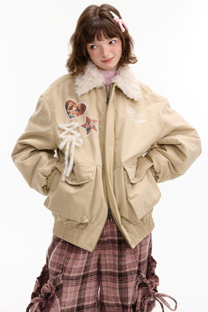 猫咪图案工装风修身棉质夹克