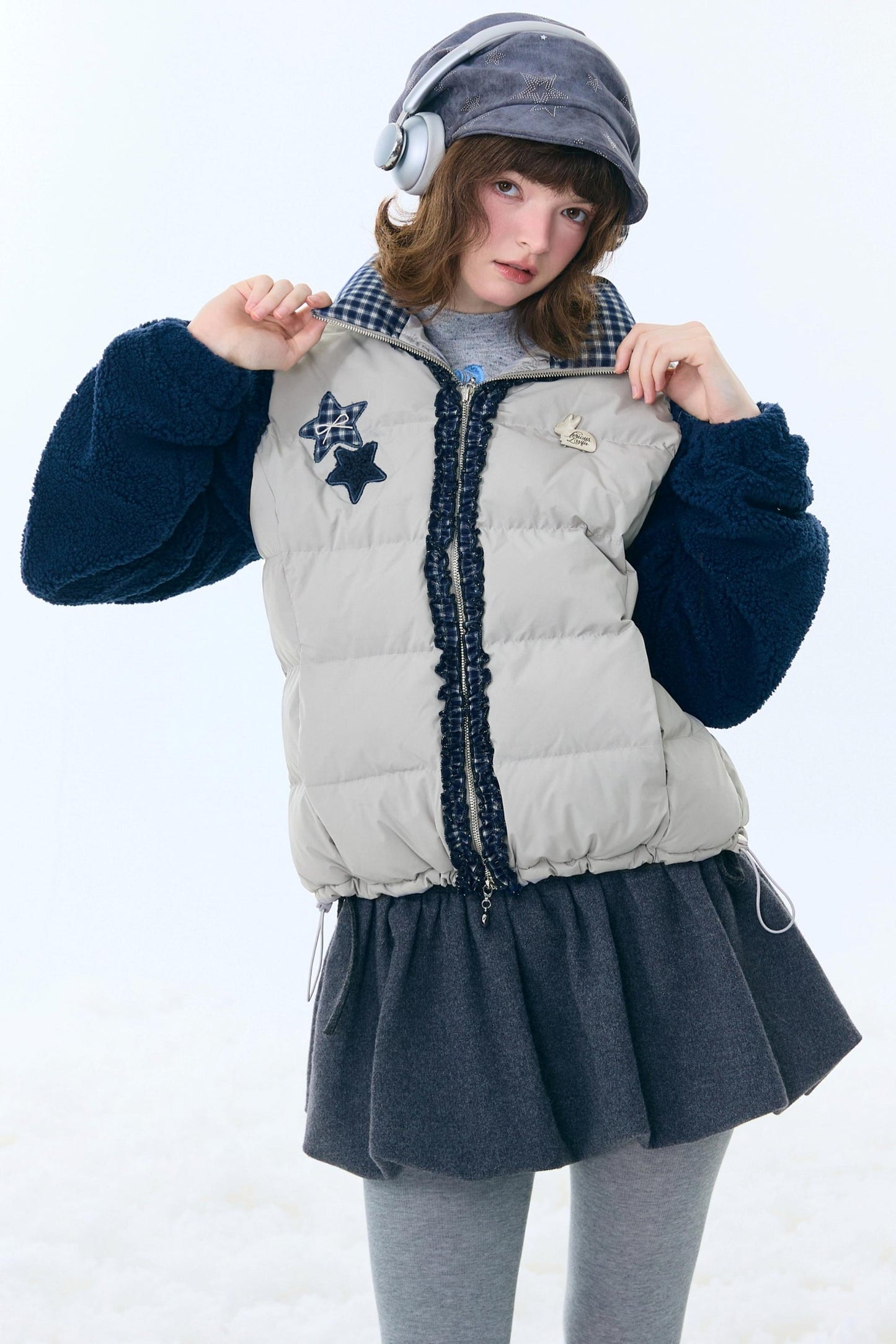 Star Print Color-Blocking Cotton Coat