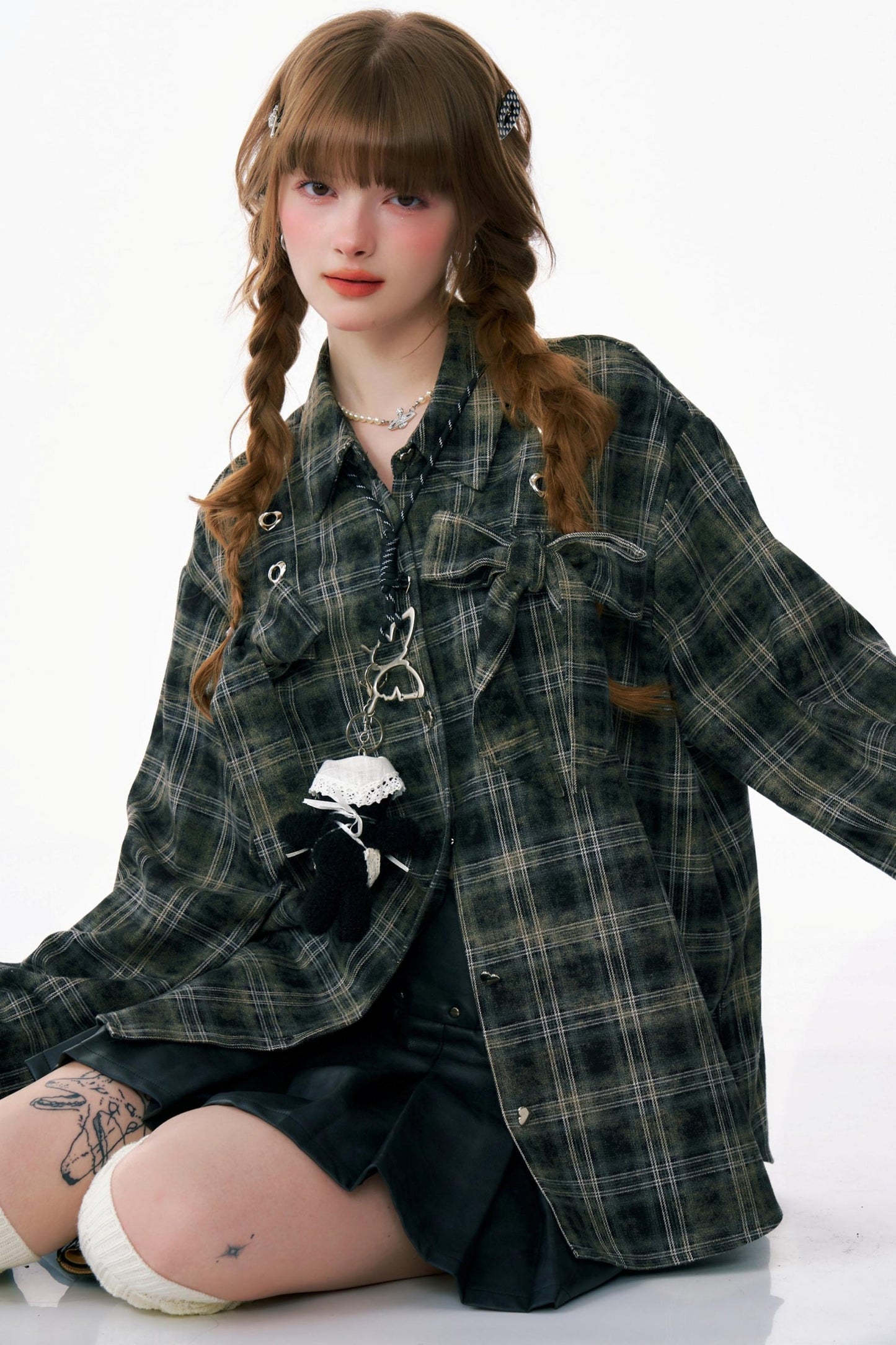 Bow-Knot Plaid Oversized Shirt