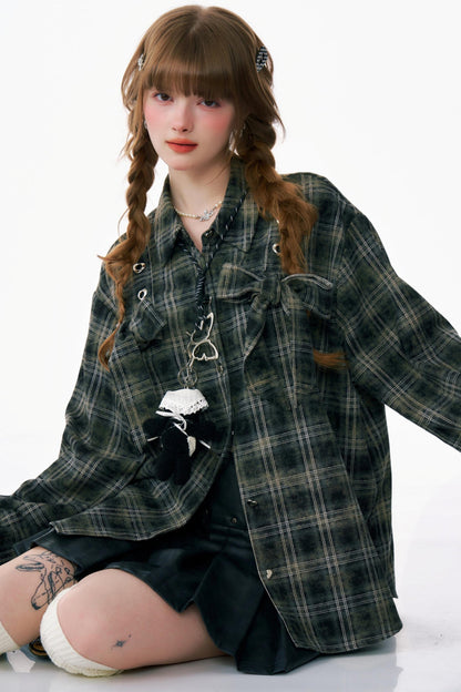 Bow-Knot Plaid Oversized Shirt