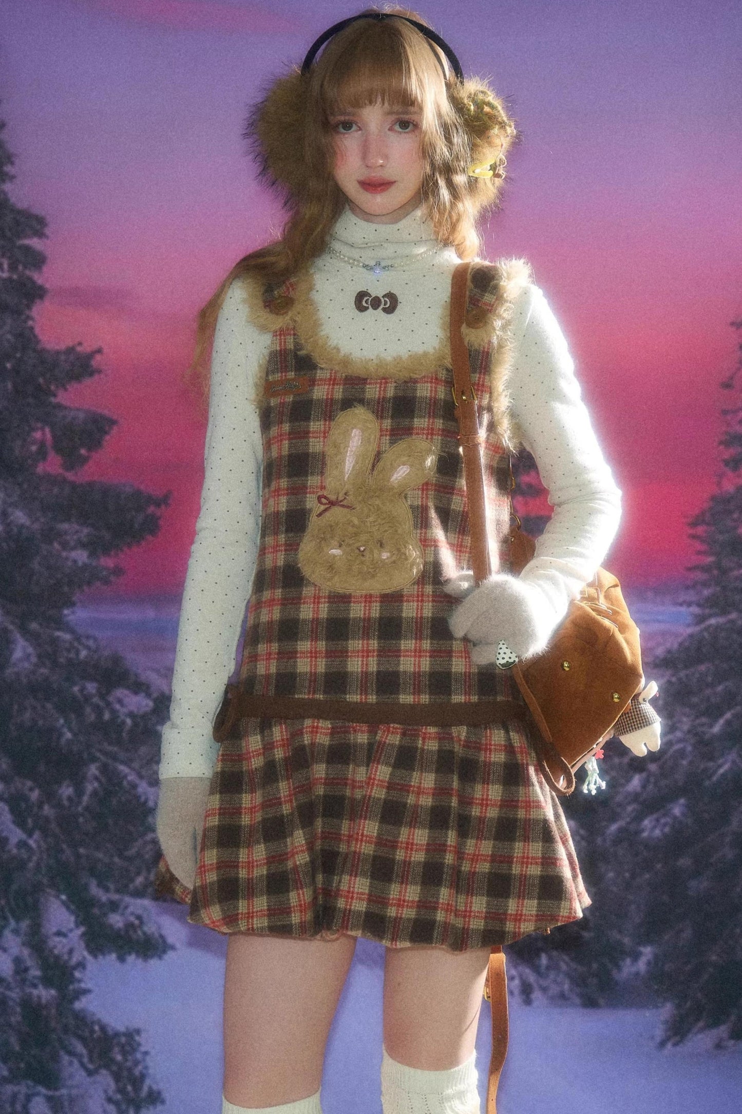 Autumn Reddish-Brown Plaid Rabbit Pocket Vest Dress