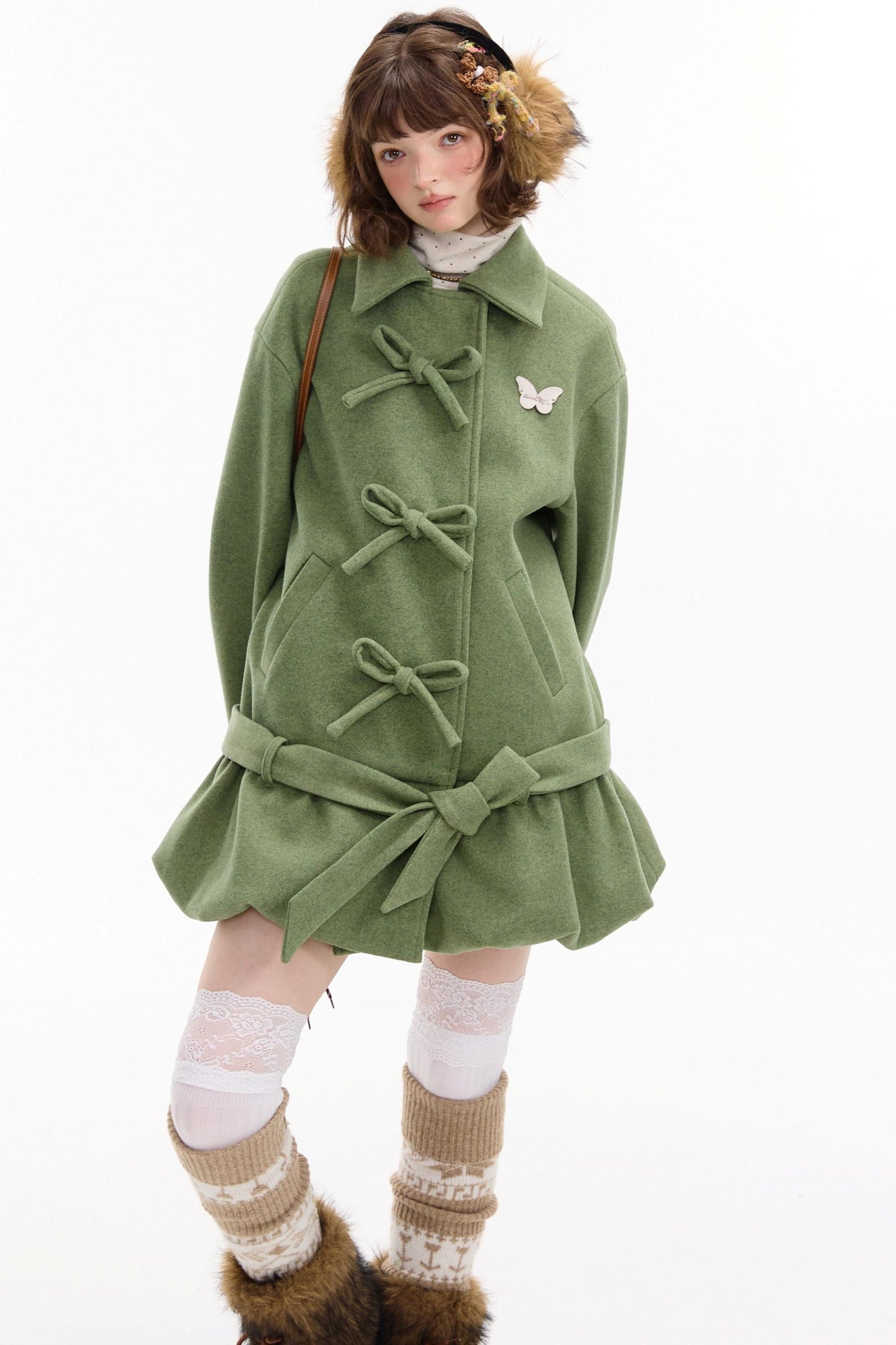 American Retro Bow Pocket Woolen Coat