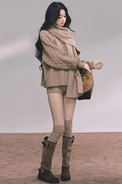 Winter Knitted Scarf Sweater Shorts Set-Up