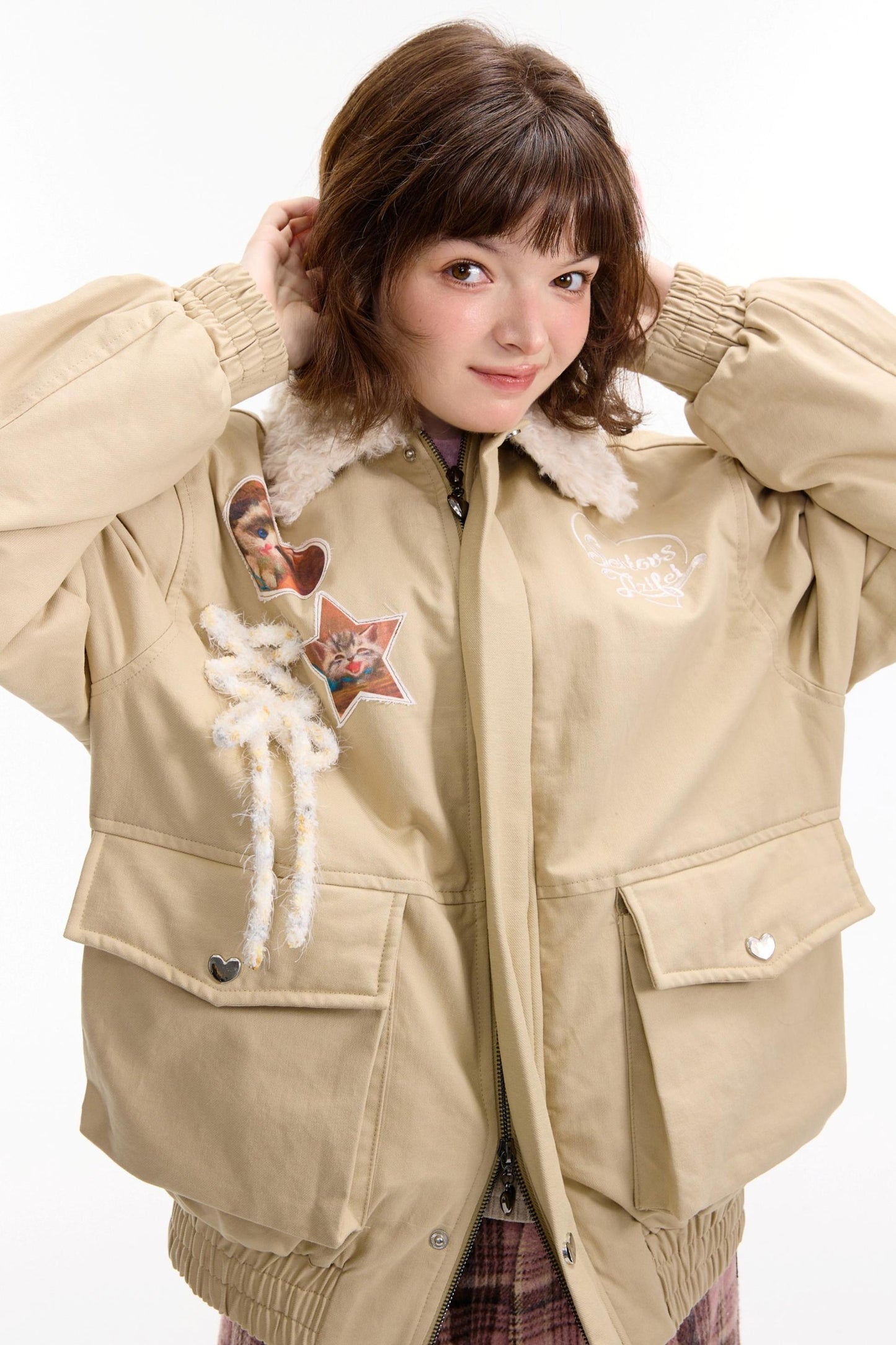 猫咪图案工装风修身棉质夹克