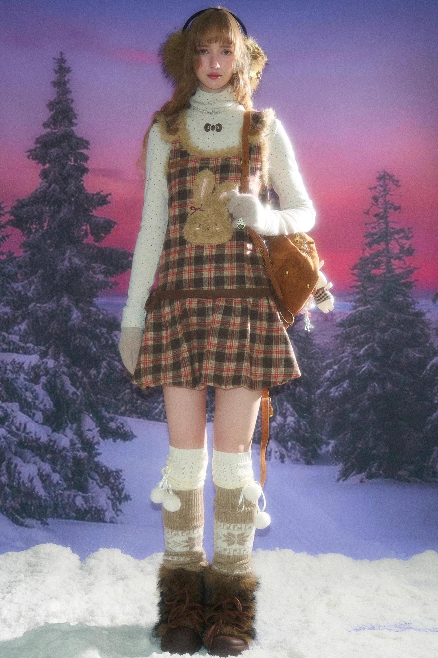 Autumn Reddish-Brown Plaid Rabbit Pocket Vest Dress