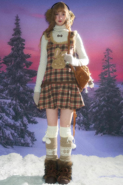 Autumn Reddish-Brown Plaid Rabbit Pocket Vest Dress