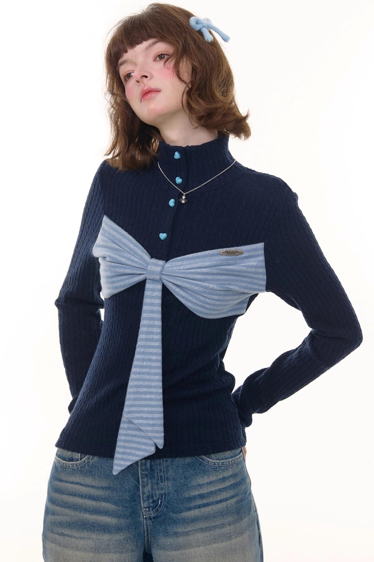 Autumn Bow Turtleneck Knitted Sweater