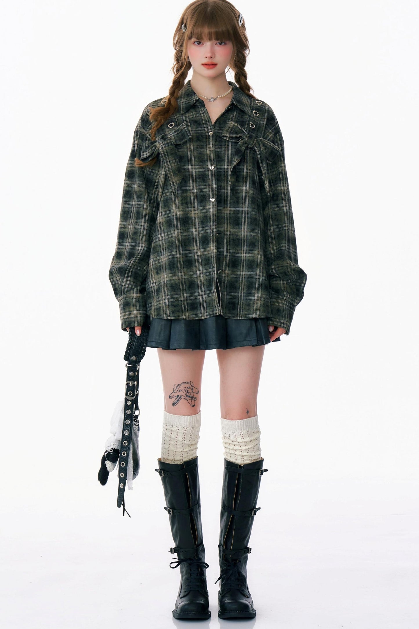 Bow-Knot Plaid Oversized Shirt