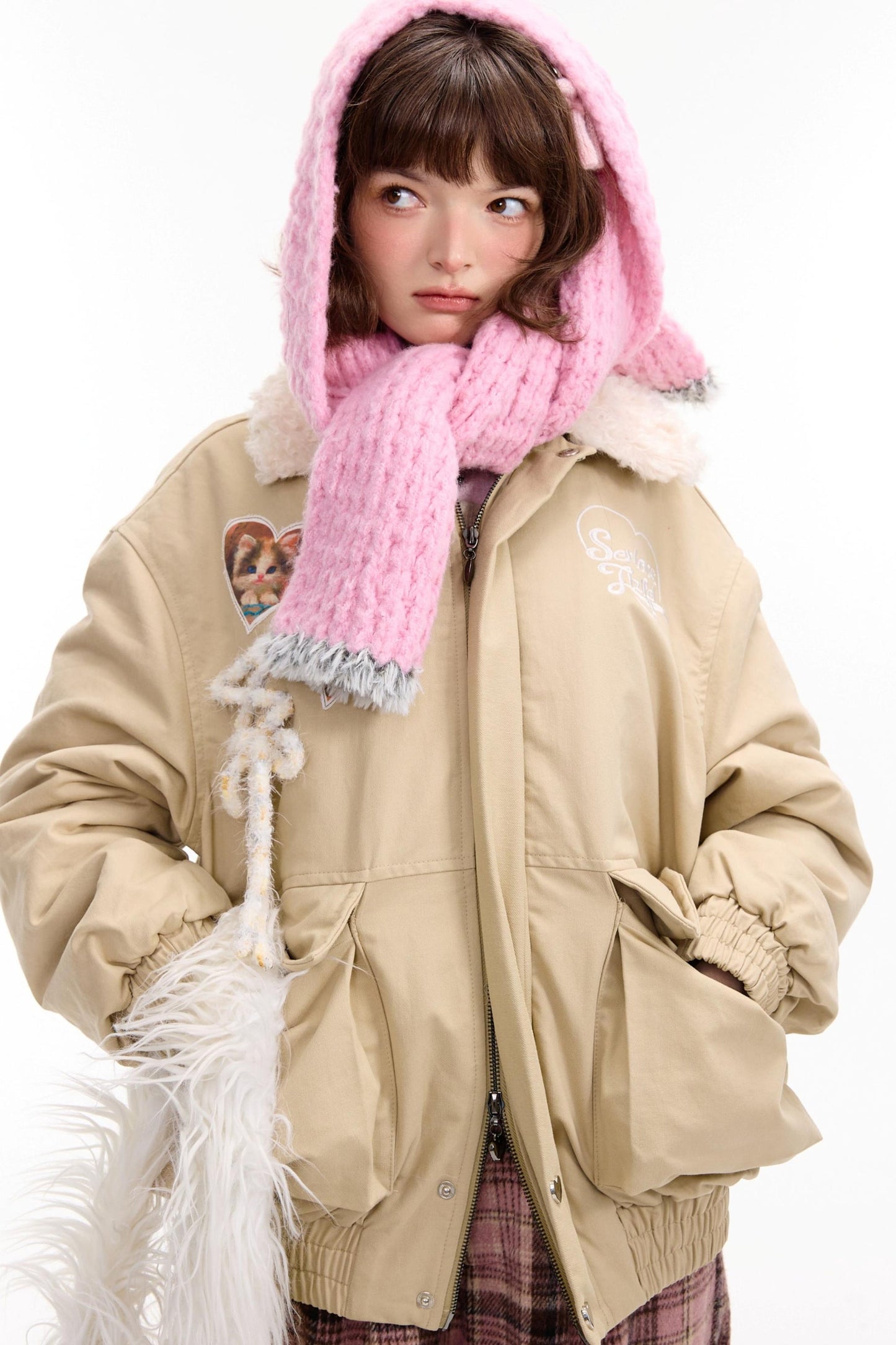 猫咪图案工装风修身棉质夹克