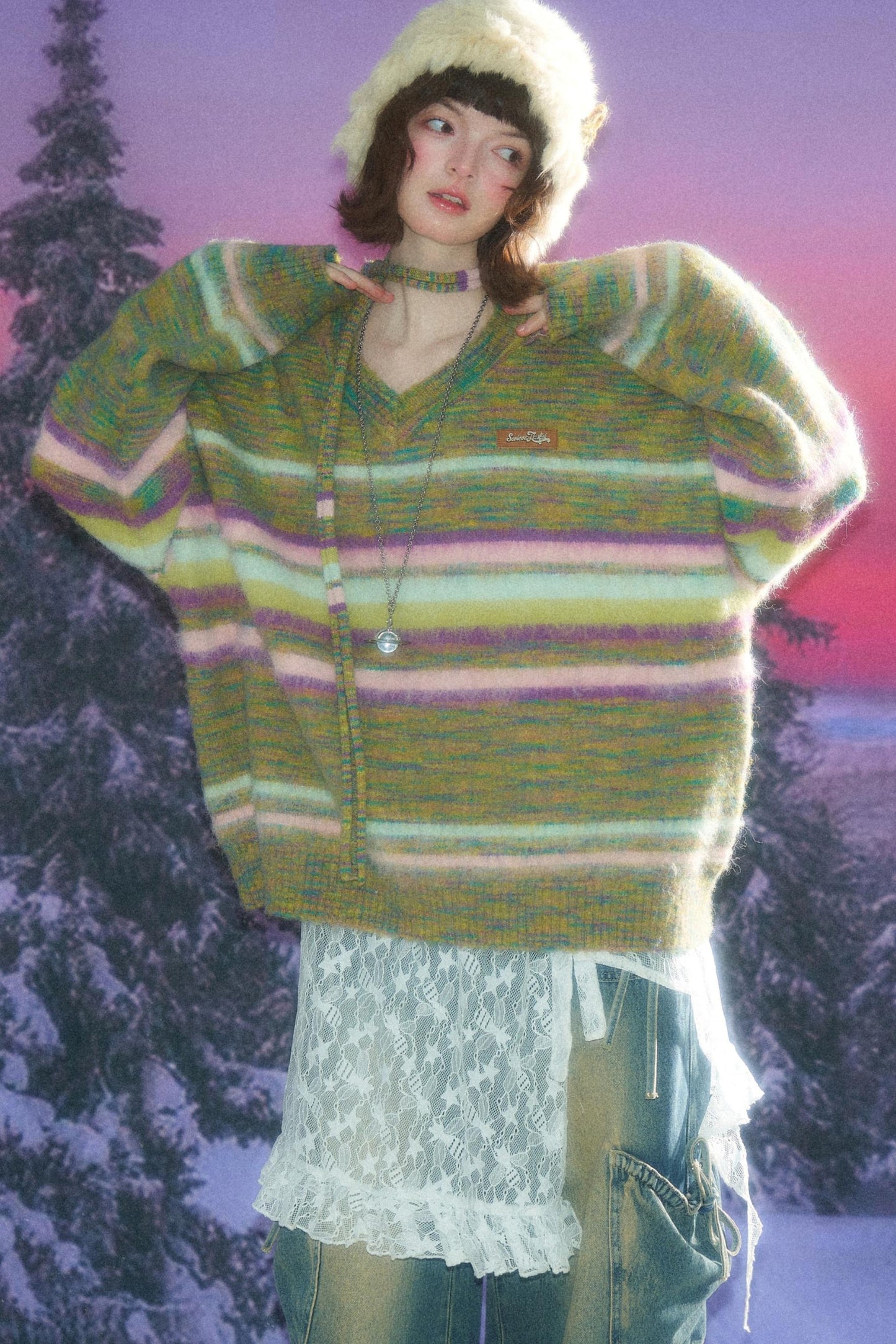 Autumn Winter Color-Blocking Striped V-Neck Sweater