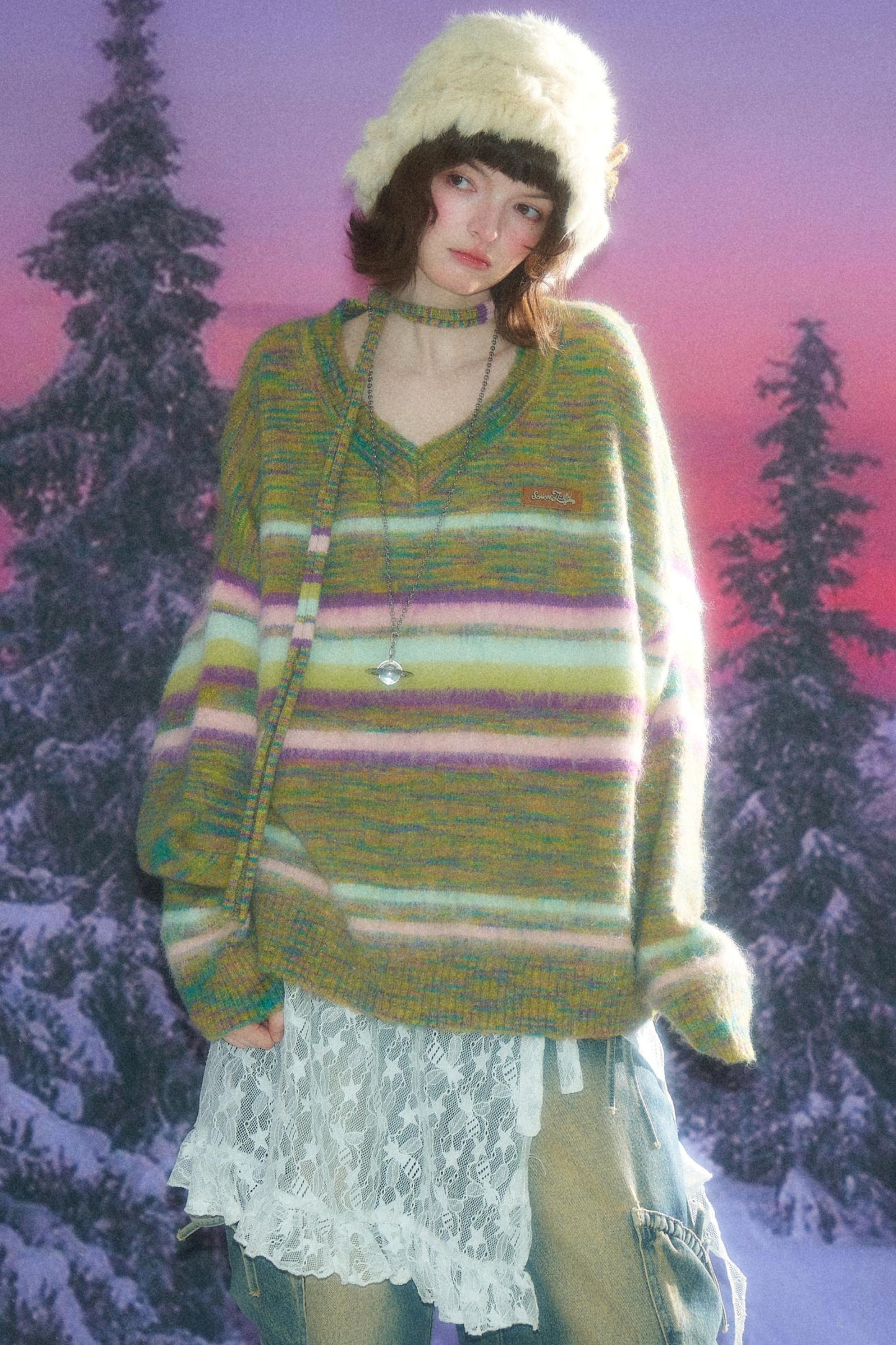 Autumn Winter Color-Blocking Striped V-Neck Sweater