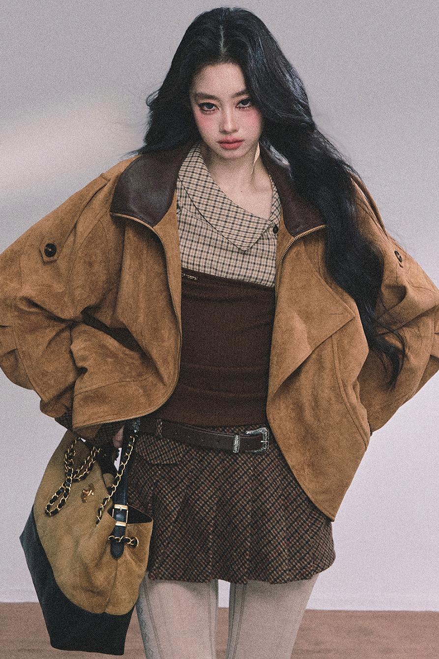 Knitted Long-Sleeved Plaid Top