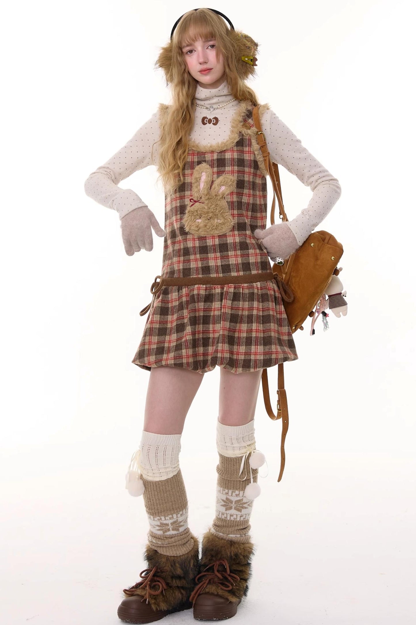 Autumn Reddish-Brown Plaid Rabbit Pocket Vest Dress