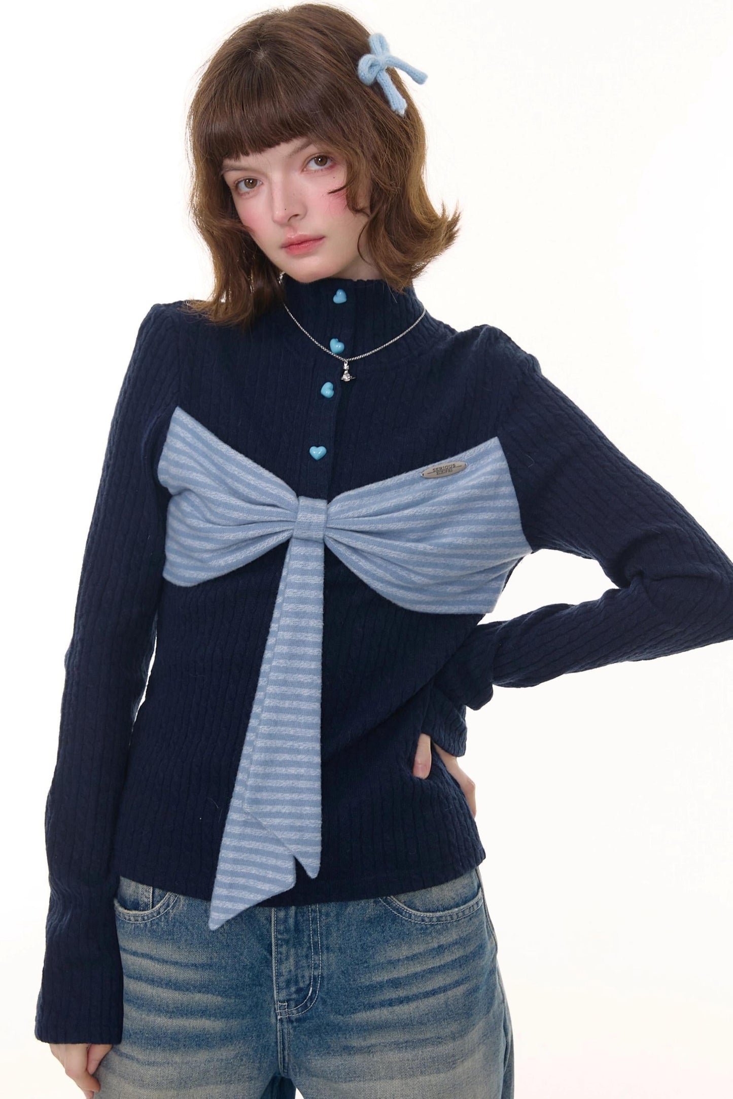 Autumn Bow Turtleneck Knitted Sweater