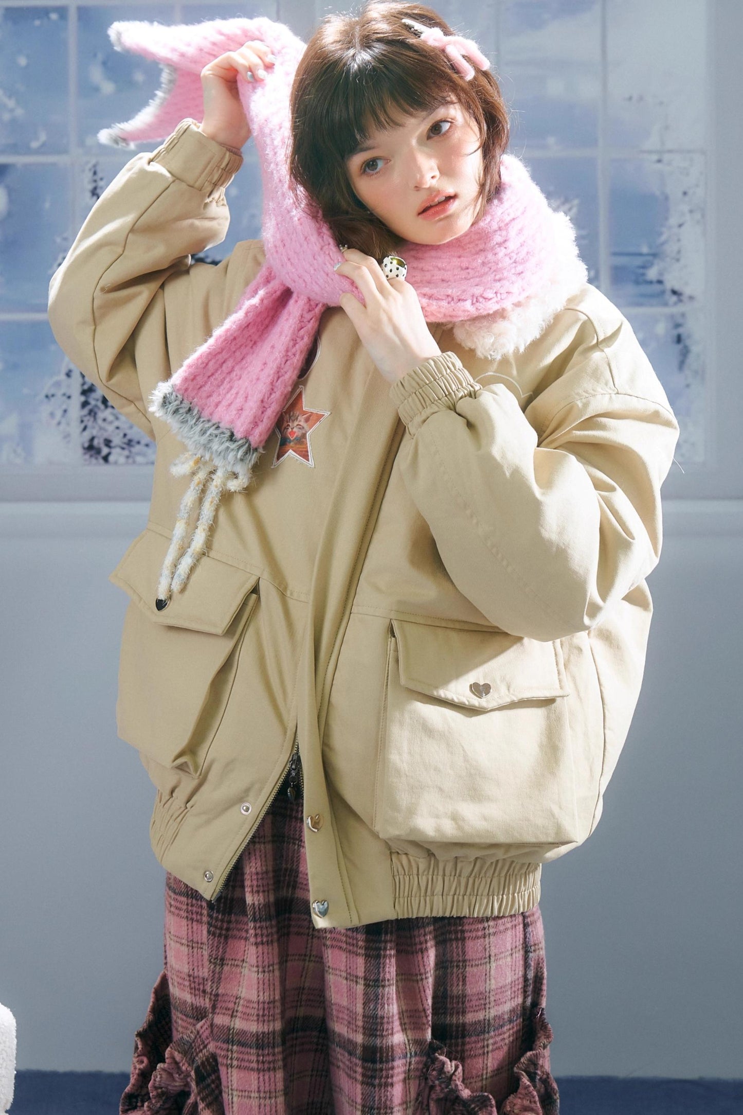 猫咪图案工装风修身棉质夹克