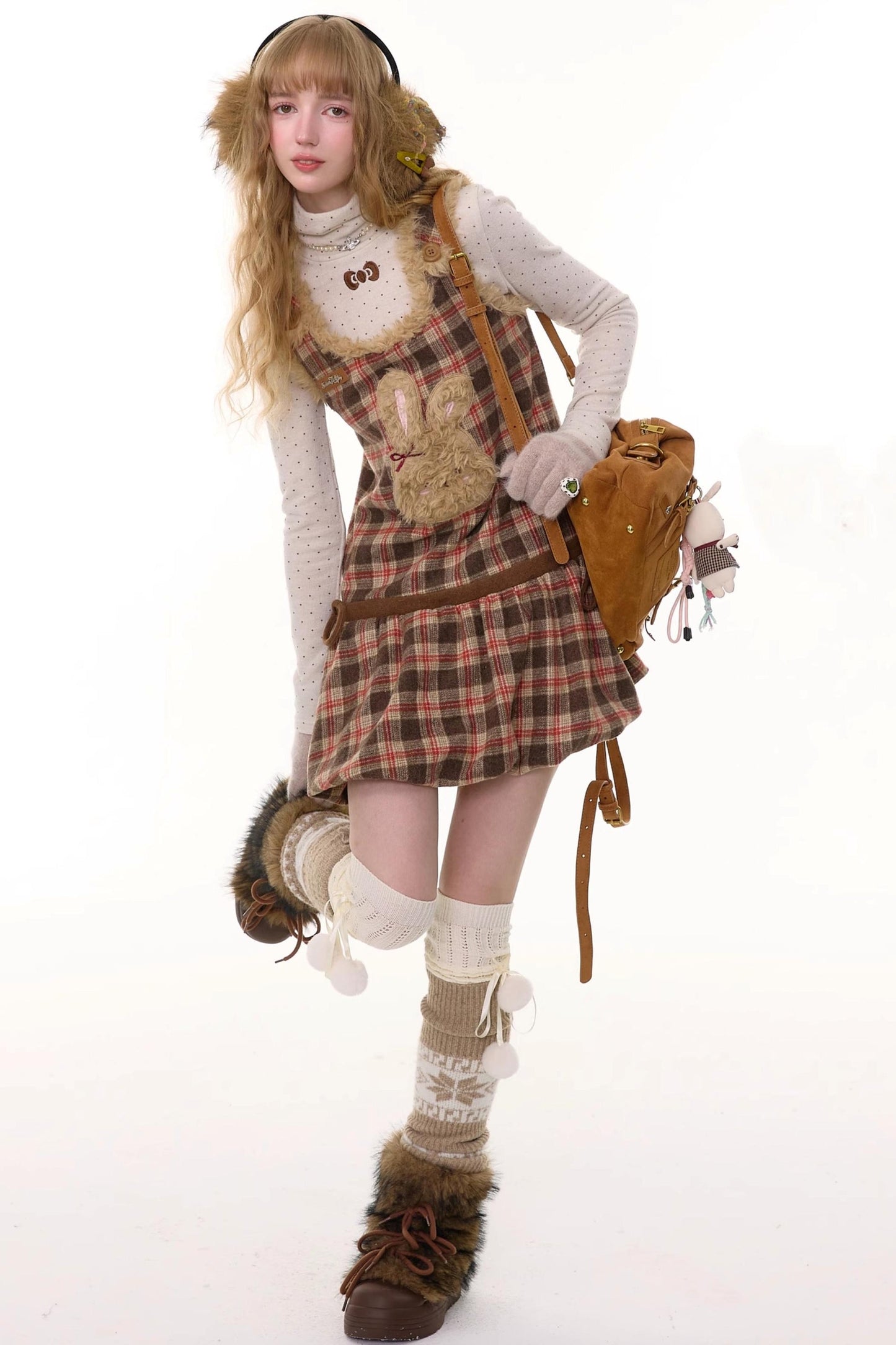 Autumn Reddish-Brown Plaid Rabbit Pocket Vest Dress