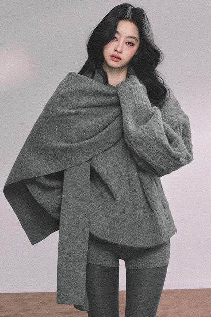 Winter Knitted Scarf Sweater Shorts Set-Up