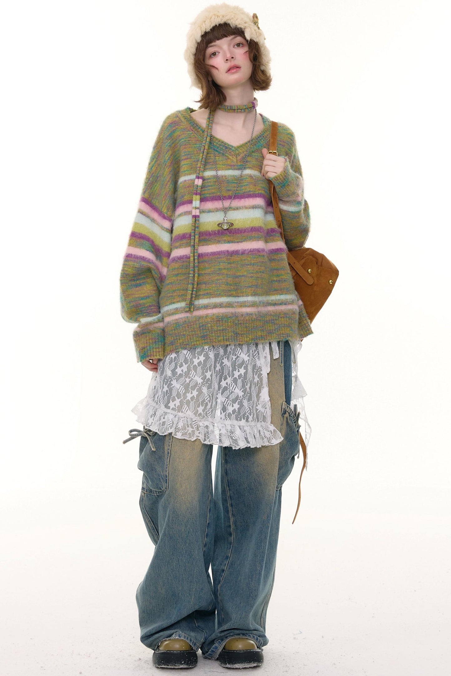 Autumn Winter Color-Blocking Striped V-Neck Sweater