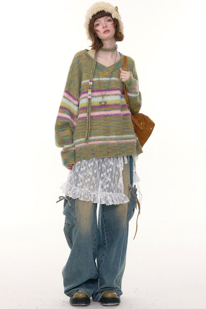 Autumn Winter Color-Blocking Striped V-Neck Sweater