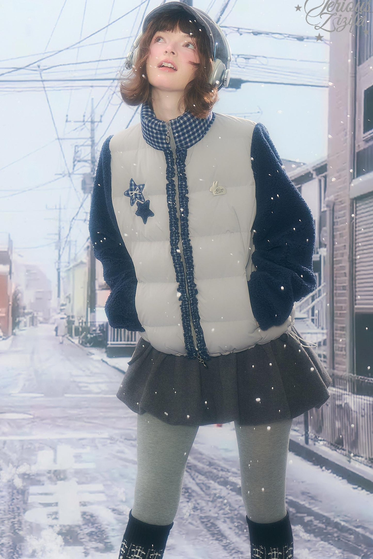 Star Print Color-Blocking Cotton Coat