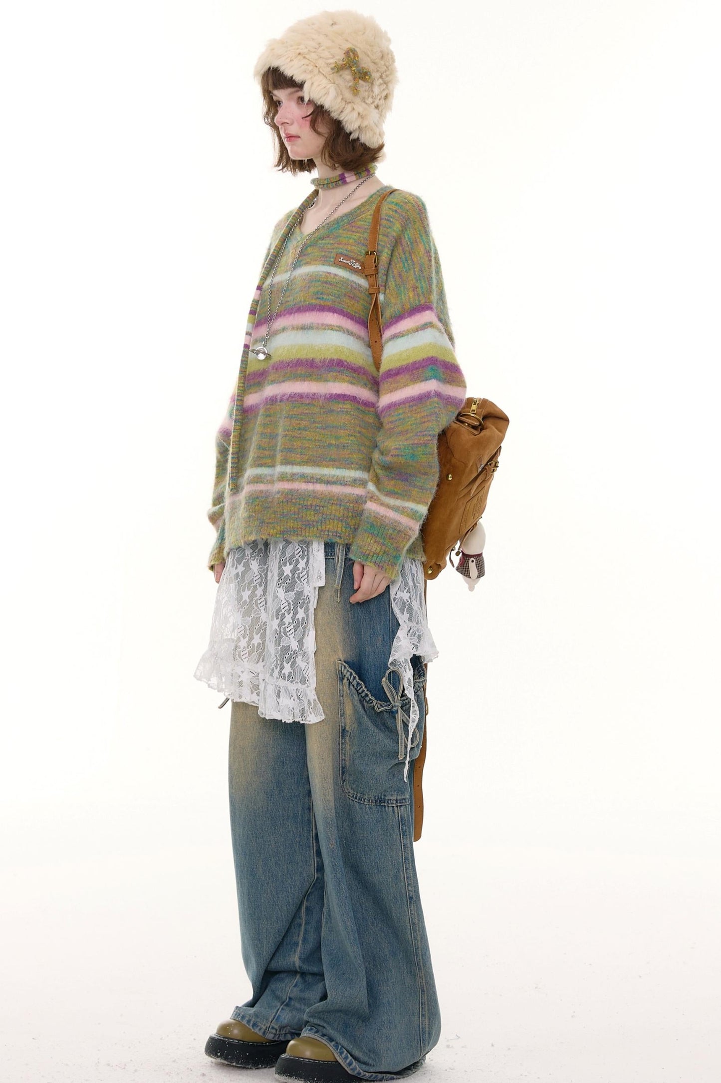 Autumn Winter Color-Blocking Striped V-Neck Sweater