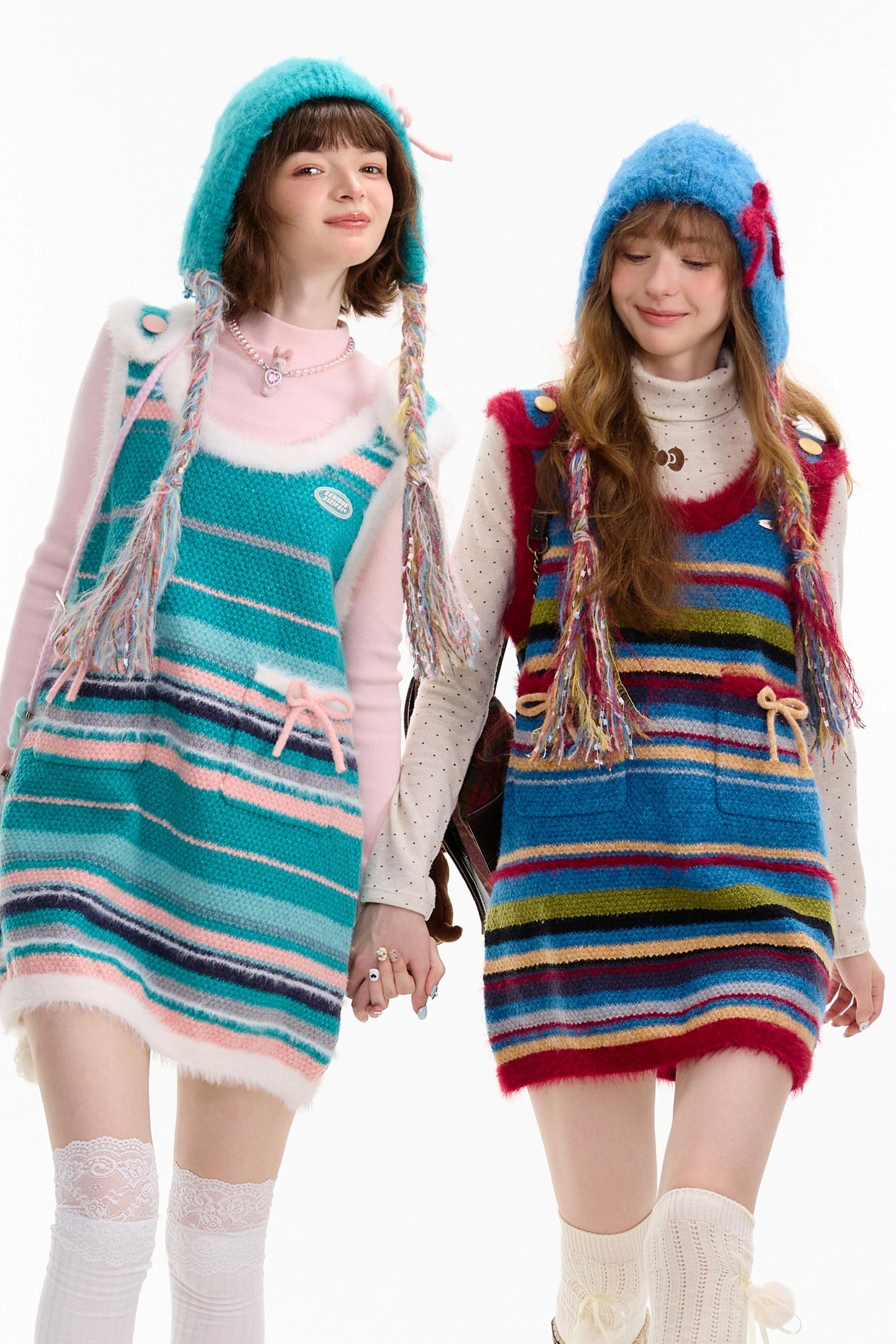 American Retro Striped Bow Knitted Vest Dress