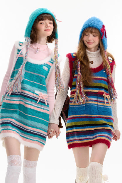 American Retro Striped Bow Knitted Vest Dress