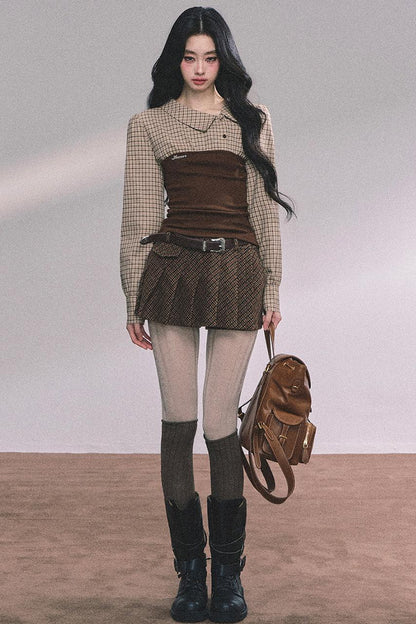 Knitted Long-Sleeved Plaid Top