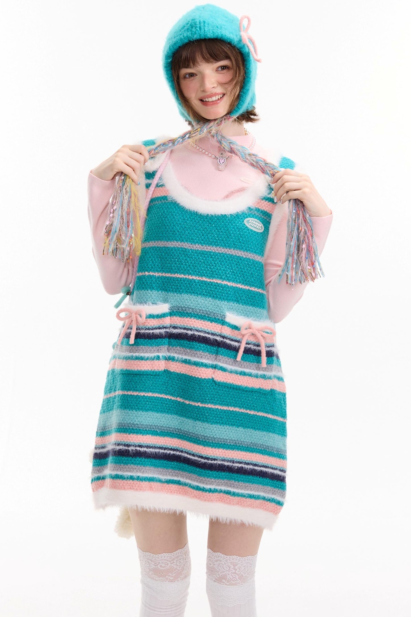 American Retro Striped Bow Knitted Vest Dress