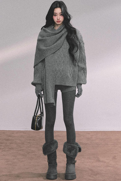 Winter Knitted Scarf Sweater Shorts Set-Up