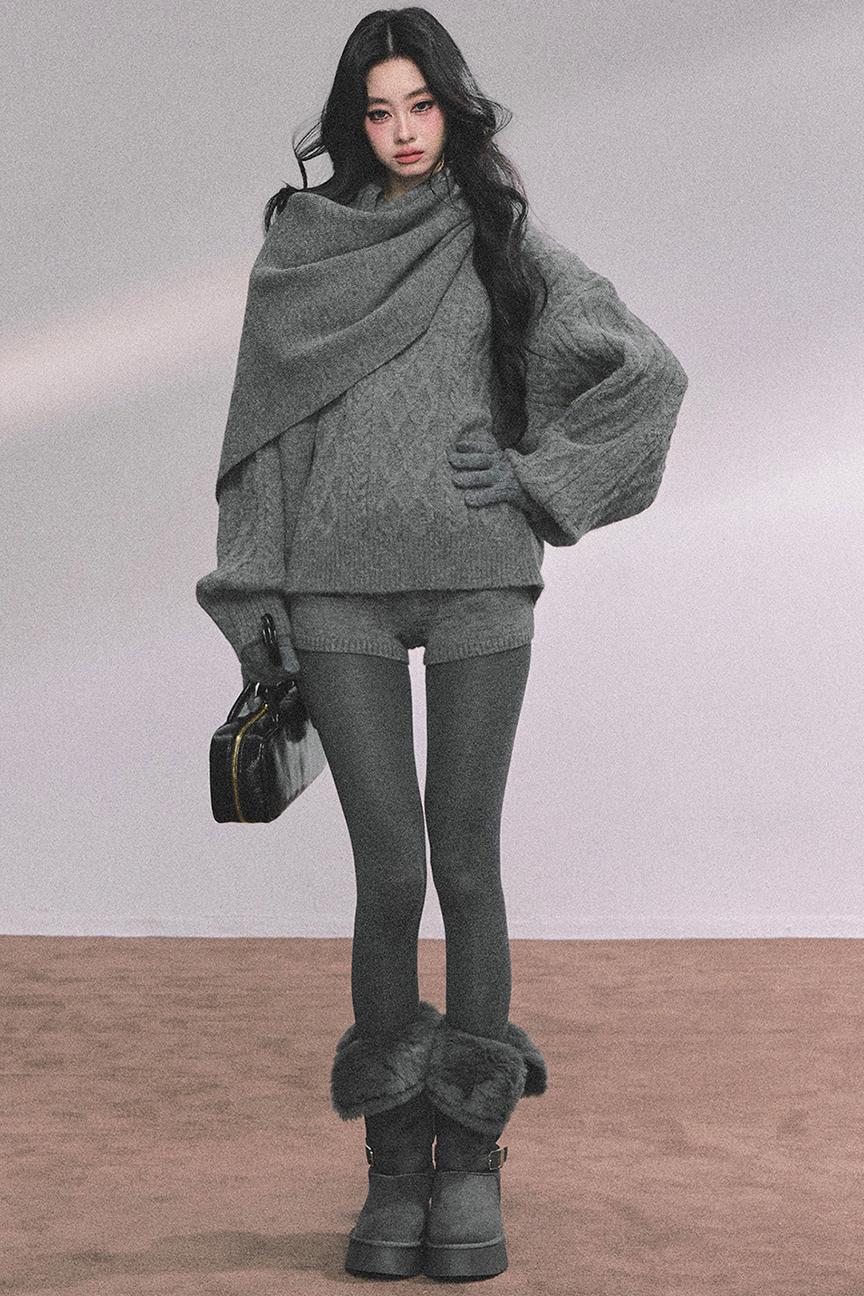 Winter Knitted Scarf Sweater Shorts Set-Up