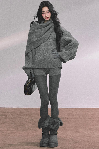 Winter Knitted Scarf Sweater Shorts Set-Up