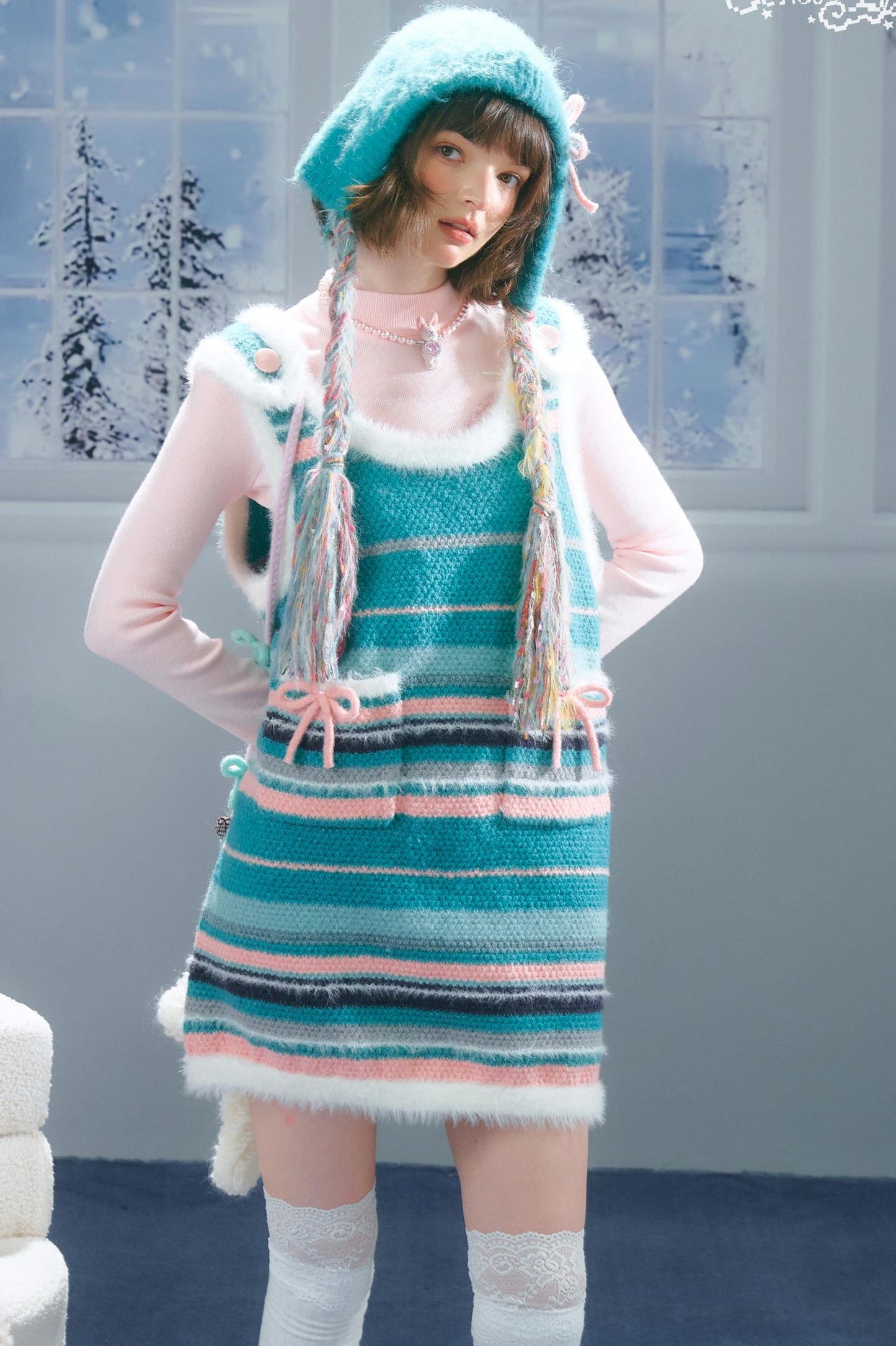 American Retro Striped Bow Knitted Vest Dress