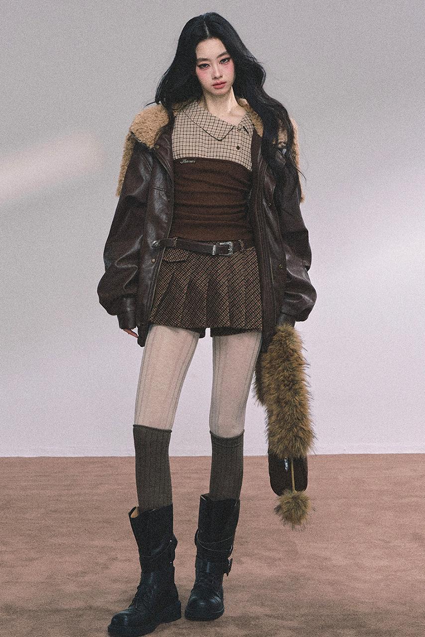 Knitted Long-Sleeved Plaid Top