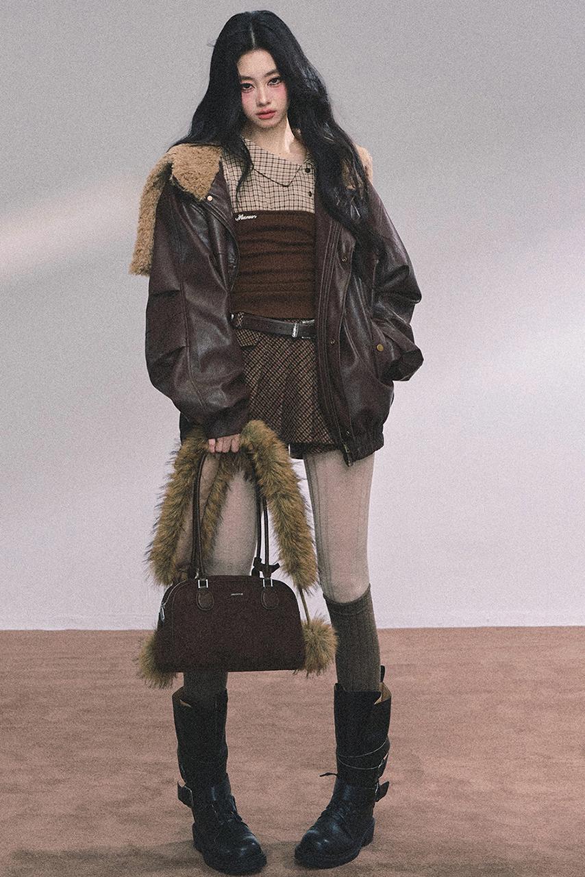 Knitted Long-Sleeved Plaid Top