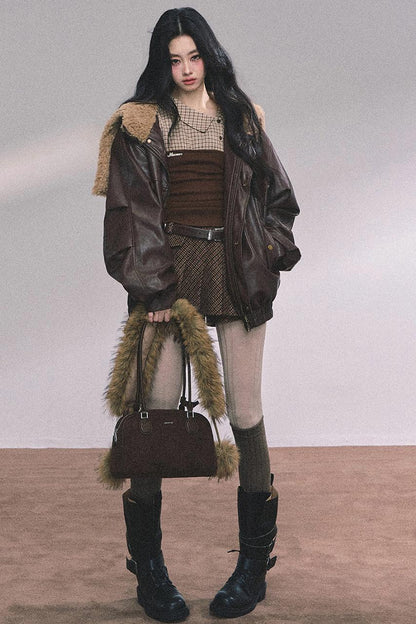 Knitted Long-Sleeved Plaid Top