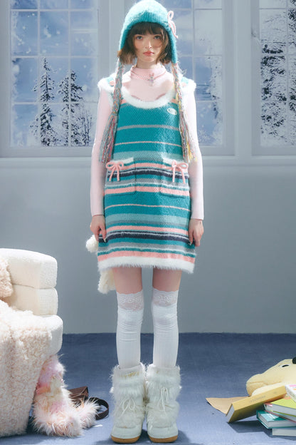 American Retro Striped Bow Knitted Vest Dress