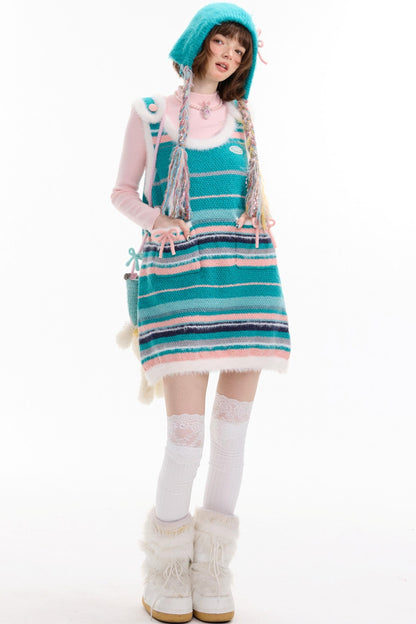 American Retro Striped Bow Knitted Vest Dress