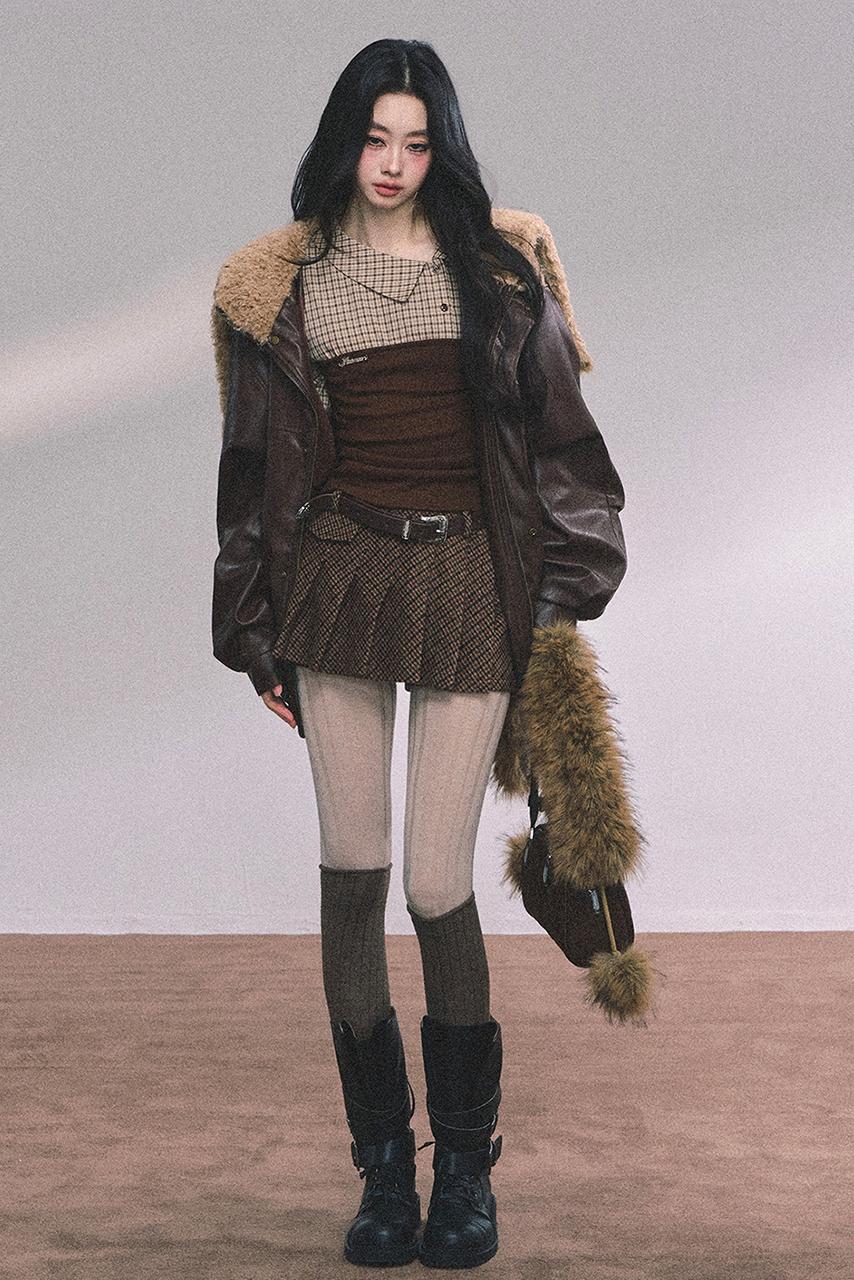 Knitted Long-Sleeved Plaid Top