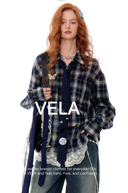 Blue Plaid Lace Stitch Loose Shirt