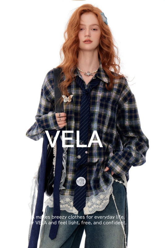 Blue Plaid Lace Stitch Loose Shirt