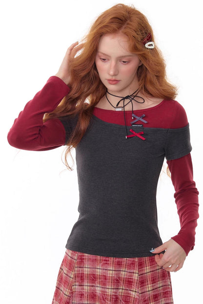 Retro Design Bow Top Long Sleeve T-Shirt