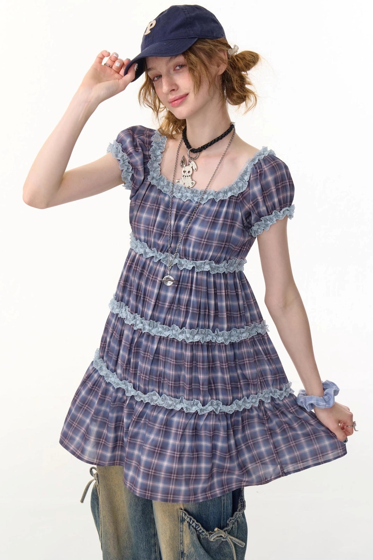 Purple Plaid Puff Sleeve Dress