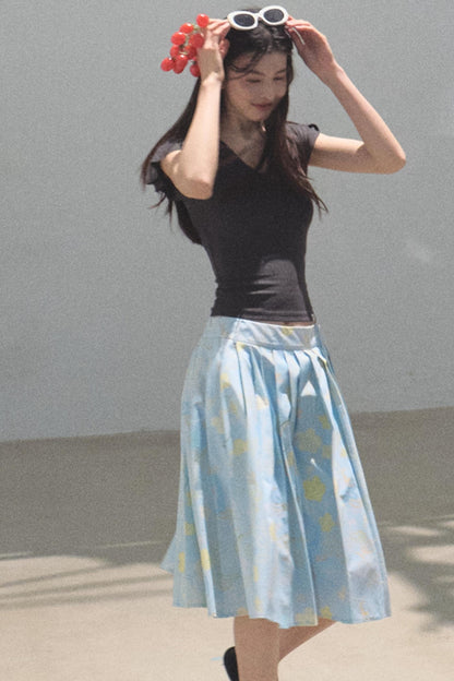 Running Waves Cotton Poplin Pleated Midi Skirt