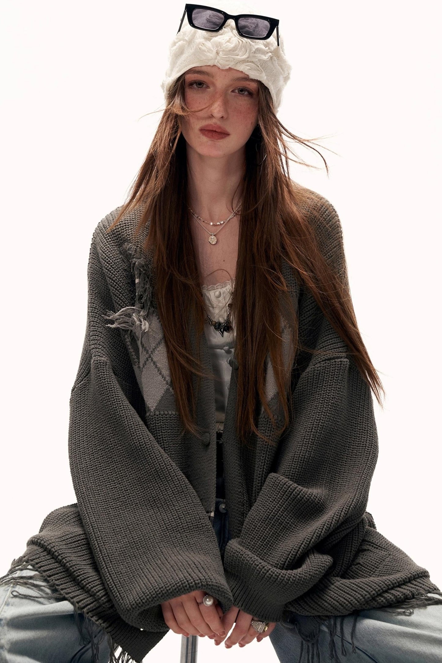 拼接流苏针织毛衣外套