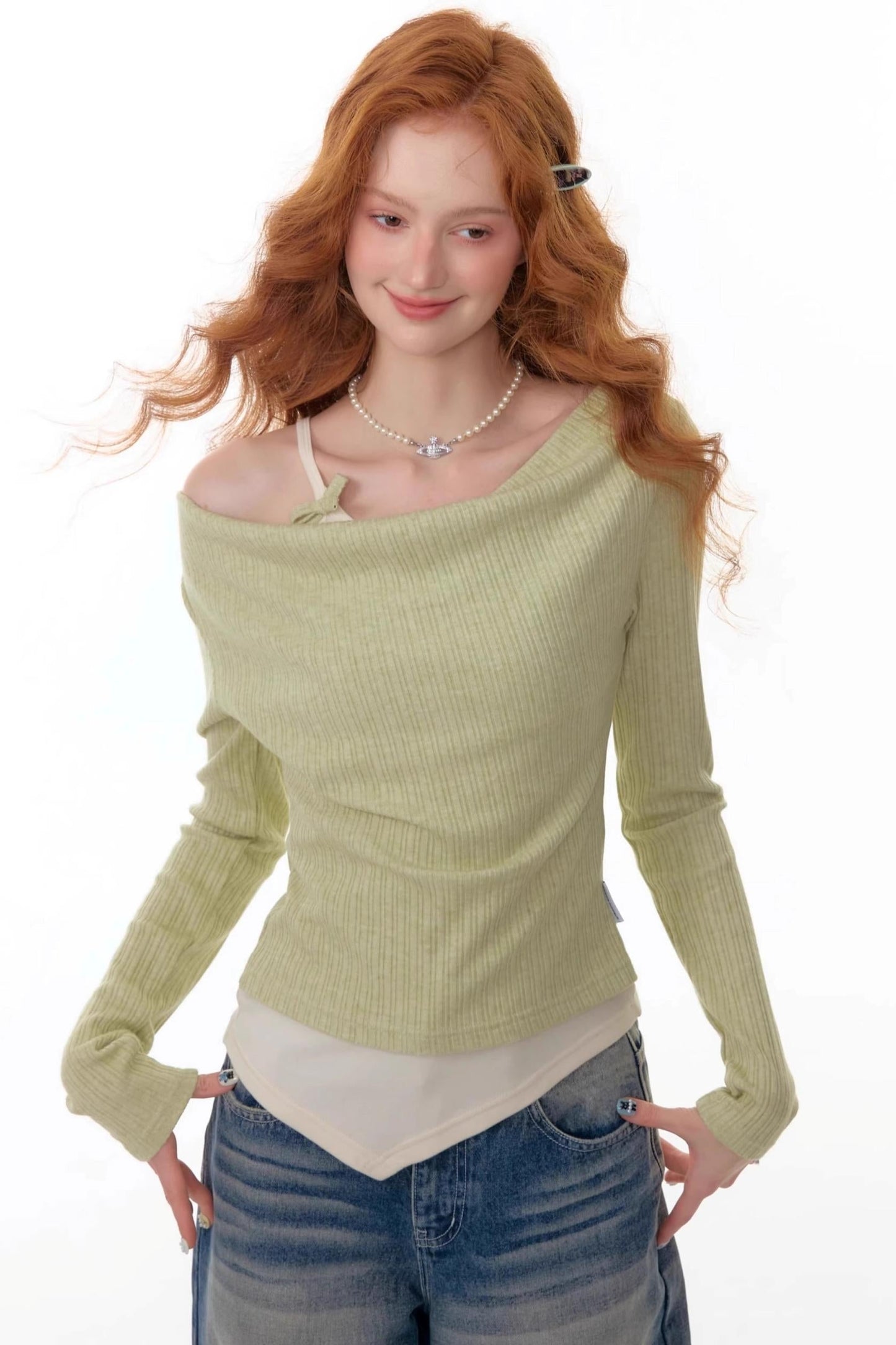 Swing Collar Fake Two Pieces Slim Top